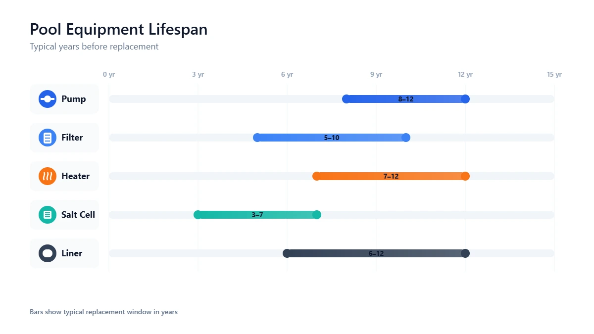 Gantt chart showing expected replacement timeline and costs for major pool equipment