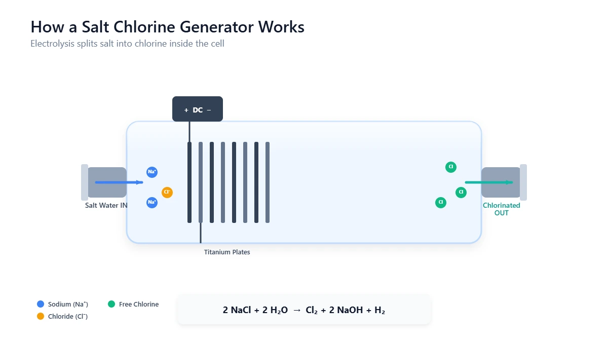 Cross-section diagram of a salt chlorine generator cell showing the electrolysis process that converts salt to chlorine