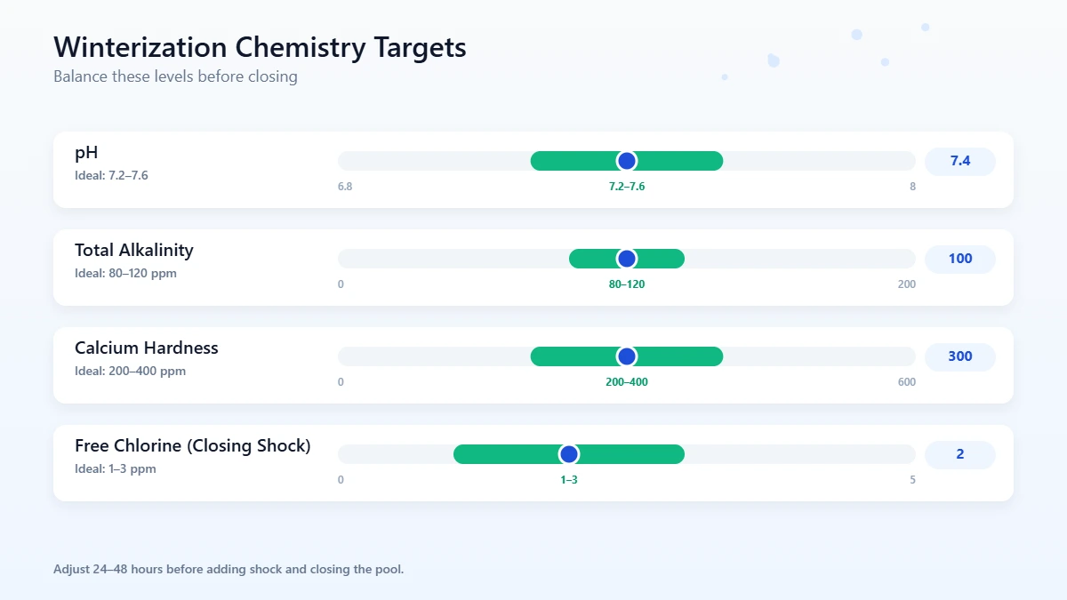 Gauge diagram showing ideal water chemistry target ranges before closing pool for winter