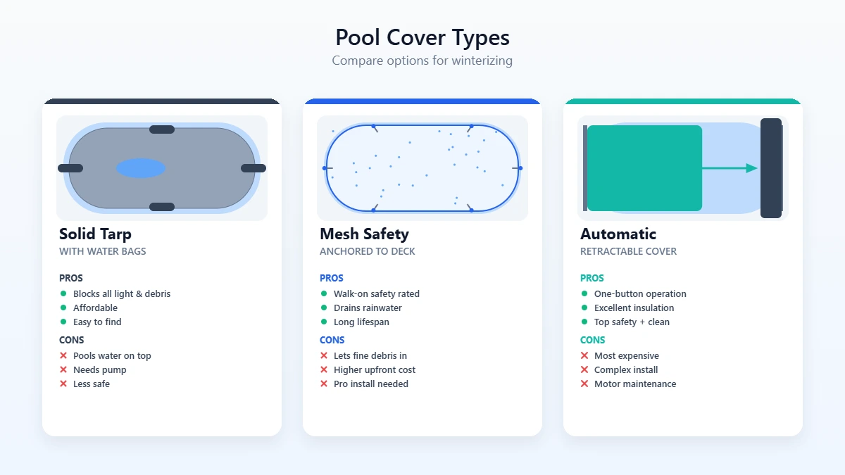 Side-by-side comparison of solid and mesh winter pool cover types showing pros and cons of each