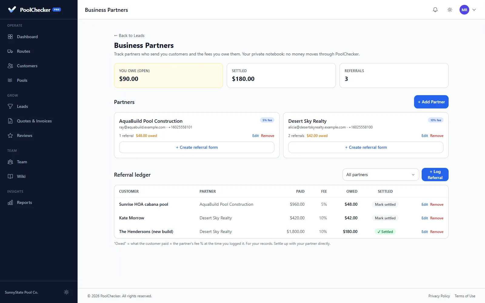 Referral partner ledger with fees owed