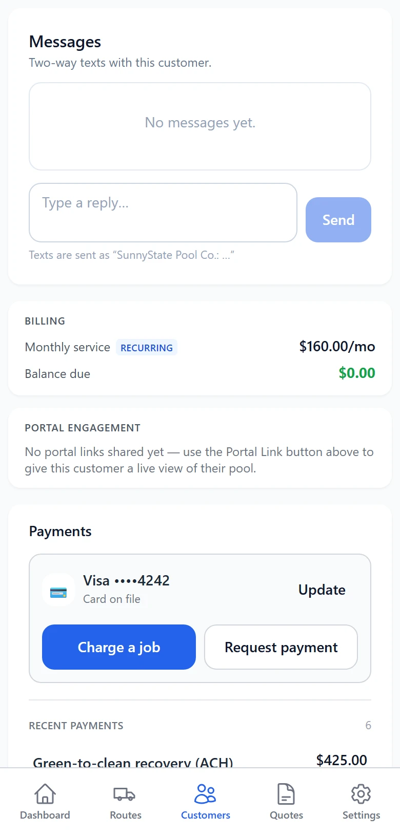 Pool service billing summary with open quotes and card-on-file payments
