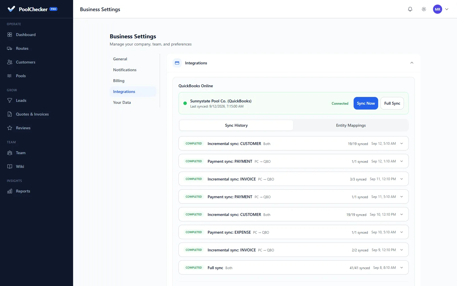QuickBooks Online sync history for invoices and payments
