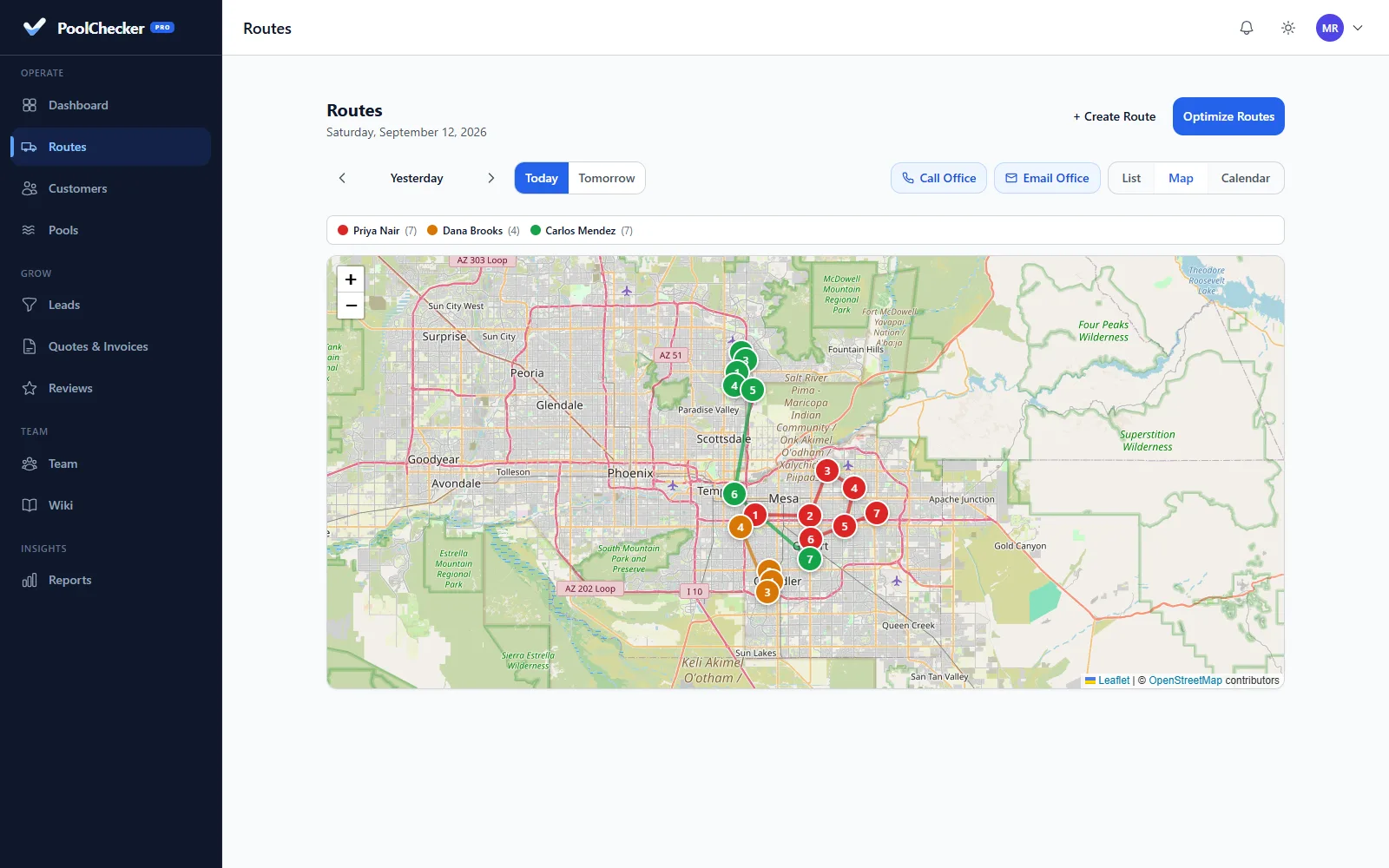 Pool route stops optimized and plotted on a live map