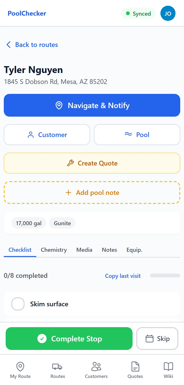 The PoolChecker Pro stop screen on a phone, with the visit checklist and the pool's gallons
