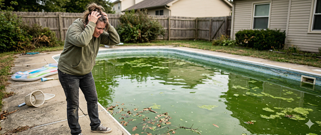 A pool owner looking frustrated at a green, cloudy swimming pool