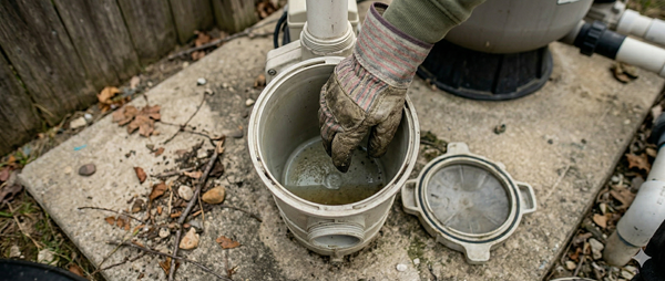 A hand reaching into an empty pool pump basket housing to check the impeller