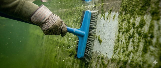 A pool professional scrubbing algae from the wall of a gunite swimming pool